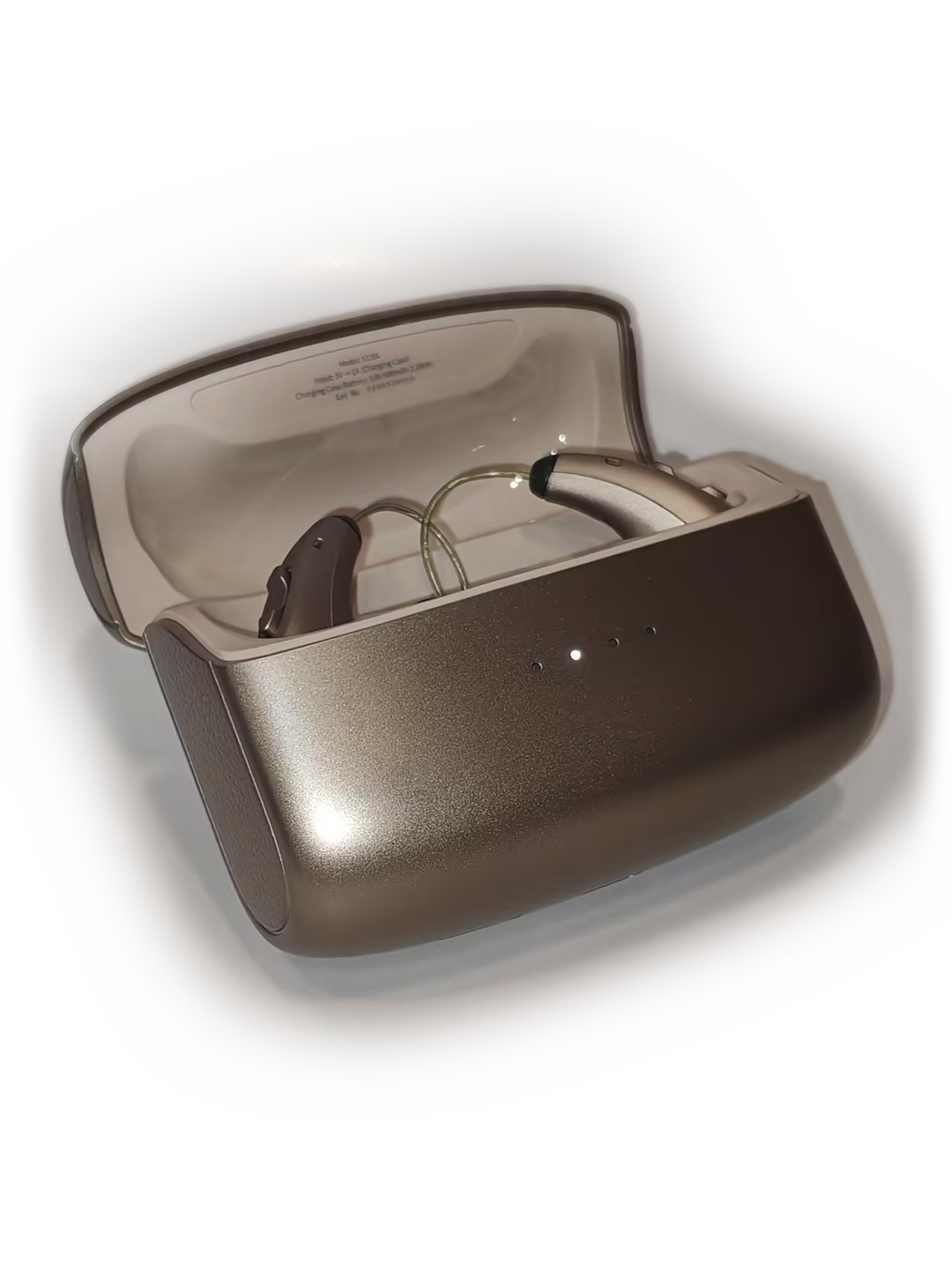 The charging case open on white, both hearing aids seated in their cradle.