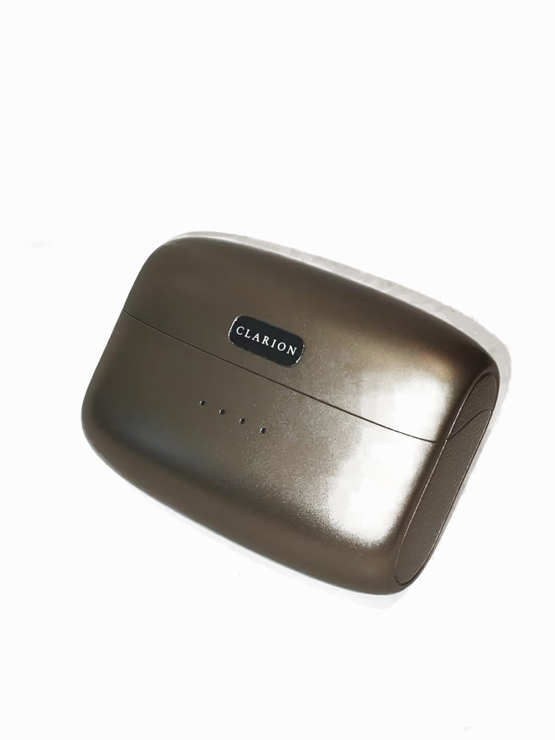 The charging case at a three-quarter angle on white, the CLARION nameplate on the lid.